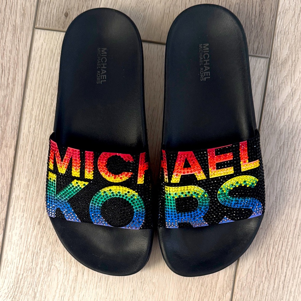 Michael Kors Black Slides with Multicolor Logo